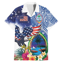 Guam and United States Together Family Matching Mermaid Dress and Hawaiian Shirt Bald Eagle and Guam Seal with Flower and Tribal Tattoos LT03 Dad's Shirt - Short Sleeve Multicolor - Polynesian Pride