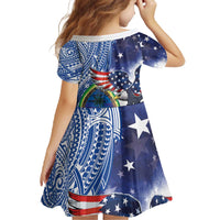 Guam and United States Together Family Matching Off The Shoulder Long Sleeve Dress and Hawaiian Shirt Bald Eagle and Guam Seal with Flower and Tribal Tattoos LT03 - Polynesian Pride