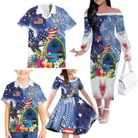 Guam and United States Together Family Matching Off The Shoulder Long Sleeve Dress and Hawaiian Shirt Bald Eagle and Guam Seal with Flower and Tribal Tattoos LT03 - Polynesian Pride