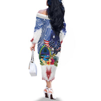 Guam and United States Together Family Matching Off The Shoulder Long Sleeve Dress and Hawaiian Shirt Bald Eagle and Guam Seal with Flower and Tribal Tattoos - Polynesian Pride