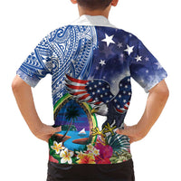 Guam and United States Together Family Matching Off Shoulder Maxi Dress and Hawaiian Shirt Bald Eagle and Guam Seal with Flower and Tribal Tattoos LT03 - Polynesian Pride