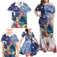 Guam and United States Together Family Matching Off Shoulder Maxi Dress and Hawaiian Shirt Bald Eagle and Guam Seal with Flower and Tribal Tattoos LT03 - Polynesian Pride
