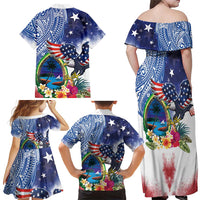 Guam and United States Together Family Matching Off Shoulder Maxi Dress and Hawaiian Shirt Bald Eagle and Guam Seal with Flower and Tribal Tattoos LT03 - Polynesian Pride