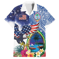 Guam and United States Together Family Matching Off Shoulder Maxi Dress and Hawaiian Shirt Bald Eagle and Guam Seal with Flower and Tribal Tattoos LT03 Dad's Shirt - Short Sleeve Multicolor - Polynesian Pride