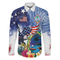 Guam and United States Together Family Matching Off Shoulder Maxi Dress and Hawaiian Shirt Bald Eagle and Guam Seal with Flower and Tribal Tattoos LT03 Dad's Shirt - Long Sleeve Multicolor - Polynesian Pride