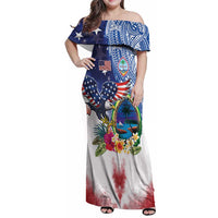 Guam and United States Together Family Matching Off Shoulder Maxi Dress and Hawaiian Shirt Bald Eagle and Guam Seal with Flower and Tribal Tattoos LT03 Mom's Dress Multicolor - Polynesian Pride