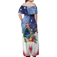 Guam and United States Together Family Matching Off Shoulder Maxi Dress and Hawaiian Shirt Bald Eagle and Guam Seal with Flower and Tribal Tattoos LT03 - Polynesian Pride