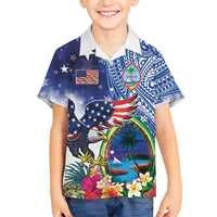 Guam and United States Together Family Matching Off Shoulder Maxi Dress and Hawaiian Shirt Bald Eagle and Guam Seal with Flower and Tribal Tattoos LT03 Son's Shirt Multicolor - Polynesian Pride