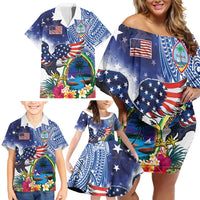 Guam and United States Together Family Matching Off Shoulder Short Dress and Hawaiian Shirt Bald Eagle and Guam Seal with Flower and Tribal Tattoos LT03 - Polynesian Pride