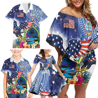 Guam and United States Together Family Matching Off Shoulder Short Dress and Hawaiian Shirt Bald Eagle and Guam Seal with Flower and Tribal Tattoos - Polynesian Pride