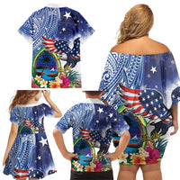 Guam and United States Together Family Matching Off Shoulder Short Dress and Hawaiian Shirt Bald Eagle and Guam Seal with Flower and Tribal Tattoos LT03 - Polynesian Pride
