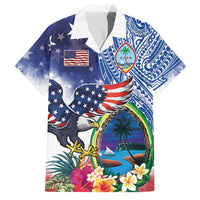Guam and United States Together Family Matching Off Shoulder Short Dress and Hawaiian Shirt Bald Eagle and Guam Seal with Flower and Tribal Tattoos LT03 Dad's Shirt - Short Sleeve Multicolor - Polynesian Pride
