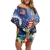 Guam and United States Together Family Matching Off Shoulder Short Dress and Hawaiian Shirt Bald Eagle and Guam Seal with Flower and Tribal Tattoos - Polynesian Pride
