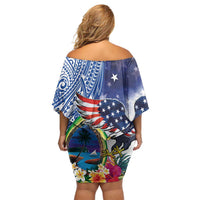Guam and United States Together Family Matching Off Shoulder Short Dress and Hawaiian Shirt Bald Eagle and Guam Seal with Flower and Tribal Tattoos LT03 - Polynesian Pride