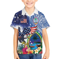 Guam and United States Together Family Matching Puletasi and Hawaiian Shirt Bald Eagle and Guam Seal with Flower and Tribal Tattoos - Polynesian Pride
