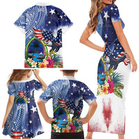Guam and United States Together Family Matching Short Sleeve Bodycon Dress and Hawaiian Shirt Bald Eagle and Guam Seal with Flower and Tribal Tattoos - Polynesian Pride