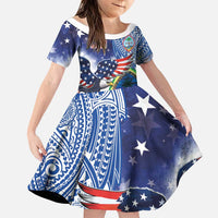 Guam and United States Together Family Matching Summer Maxi Dress and Hawaiian Shirt Bald Eagle and Guam Seal with Flower and Tribal Tattoos LT03 Daughter's Dress Multicolor - Polynesian Pride