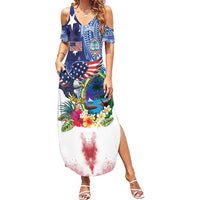 Guam and United States Together Family Matching Summer Maxi Dress and Hawaiian Shirt Bald Eagle and Guam Seal with Flower and Tribal Tattoos LT03 Mom's Dress Multicolor - Polynesian Pride