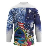 Guam and United States Together Hockey Jersey Bald Eagle and Guam Seal with Flower and Tribal Tattoos - Polynesian Pride