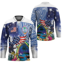 Guam and United States Together Hockey Jersey Bald Eagle and Guam Seal with Flower and Tribal Tattoos LT03 - Polynesian Pride