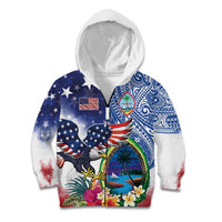 Guam and United States Together Kid Hoodie Bald Eagle and Guam Seal with Flower and Tribal Tattoos - Polynesian Pride