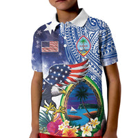 Guam and United States Together Kid Polo Shirt Bald Eagle and Guam Seal with Flower and Tribal Tattoos LT03 Kid Multicolor - Polynesian Pride
