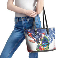 Guam and United States Together Leather Tote Bag Bald Eagle and Guam Seal with Flower and Tribal Tattoos - Polynesian Pride