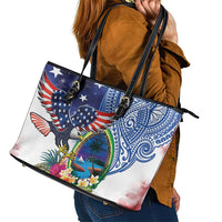 Guam and United States Together Leather Tote Bag Bald Eagle and Guam Seal with Flower and Tribal Tattoos - Polynesian Pride