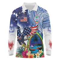 Guam and United States Together Long Sleeve Polo Shirt Bald Eagle and Guam Seal with Flower and Tribal Tattoos - Polynesian Pride