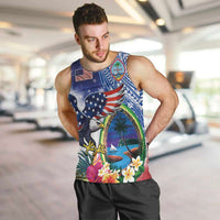 Guam and United States Together Men Tank Top Bald Eagle and Guam Seal with Flower and Tribal Tattoos - Polynesian Pride