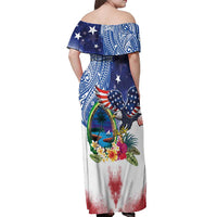 Guam and United States Together Off Shoulder Maxi Dress Bald Eagle and Guam Seal with Flower and Tribal Tattoos - Polynesian Pride