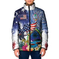 Guam and United States Together Padded Jacket Bald Eagle and Guam Seal with Flower and Tribal Tattoos - Polynesian Pride
