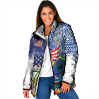 Guam and United States Together Padded Jacket Bald Eagle and Guam Seal with Flower and Tribal Tattoos - Polynesian Pride
