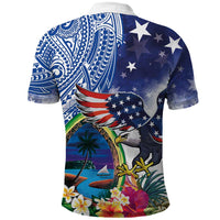 Guam and United States Together Polo Shirt Bald Eagle and Guam Seal with Flower and Tribal Tattoos LT03 - Polynesian Pride