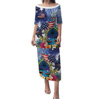 Guam and United States Together Puletasi Bald Eagle and Guam Seal with Flower and Tribal Tattoos - Polynesian Pride