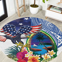 Guam and United States Together Round Carpet Bald Eagle and Guam Seal with Flower and Tribal Tattoos - Polynesian Pride