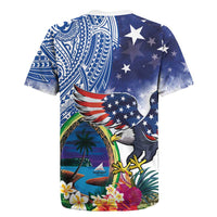 Guam and United States Together Rugby Jersey Bald Eagle and Guam Seal with Flower and Tribal Tattoos LT03 - Polynesian Pride