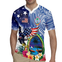 Guam and United States Together Rugby Jersey Bald Eagle and Guam Seal with Flower and Tribal Tattoos LT03 - Polynesian Pride