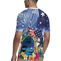 Guam and United States Together Rugby Jersey Bald Eagle and Guam Seal with Flower and Tribal Tattoos - Polynesian Pride