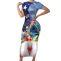 Guam and United States Together Short Sleeve Bodycon Dress Bald Eagle and Guam Seal with Flower and Tribal Tattoos LT03 Long Dress Multicolor - Polynesian Pride