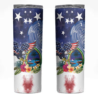 Guam and United States Together Skinny Tumbler Bald Eagle and Guam Seal with Flower and Tribal Tattoos - Polynesian Pride