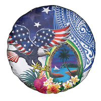 Guam and United States Together Spare Tire Cover Bald Eagle and Guam Seal with Flower and Tribal Tattoos - Polynesian Pride