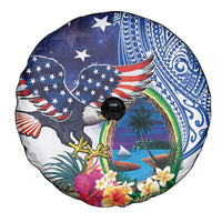 Guam and United States Together Spare Tire Cover Bald Eagle and Guam Seal with Flower and Tribal Tattoos - Polynesian Pride