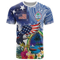 Guam and United States Together T Shirt Bald Eagle and Guam Seal with Flower and Tribal Tattoos LT03 Multicolor - Polynesian Pride