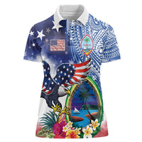 Guam and United States Together Women Polo Shirt Bald Eagle and Guam Seal with Flower and Tribal Tattoos LT03 Female Multicolor - Polynesian Pride