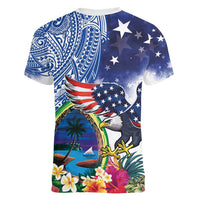 Guam and United States Together Women V-Neck T-Shirt Bald Eagle and Guam Seal with Flower and Tribal Tattoos LT03 - Polynesian Pride