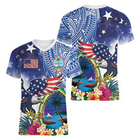 Guam and United States Together Women V-Neck T-Shirt Bald Eagle and Guam Seal with Flower and Tribal Tattoos LT03 - Polynesian Pride