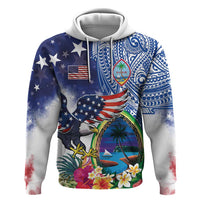 Guam and United States Together Zip Hoodie Bald Eagle and Guam Seal with Flower and Tribal Tattoos - Polynesian Pride