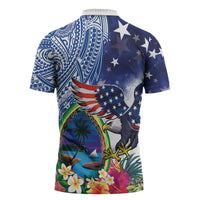 Guam and United States Together Zipper Polo Shirt Bald Eagle and Guam Seal with Flower and Tribal Tattoos LT03 - Polynesian Pride
