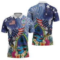 Guam and United States Together Zipper Polo Shirt Bald Eagle and Guam Seal with Flower and Tribal Tattoos LT03 - Polynesian Pride